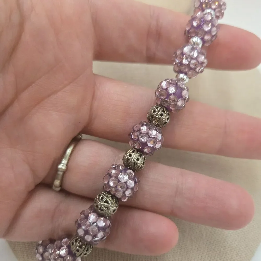 Vintage Purple Beaded Rhinestone Necklace Magnetic Clasp 18